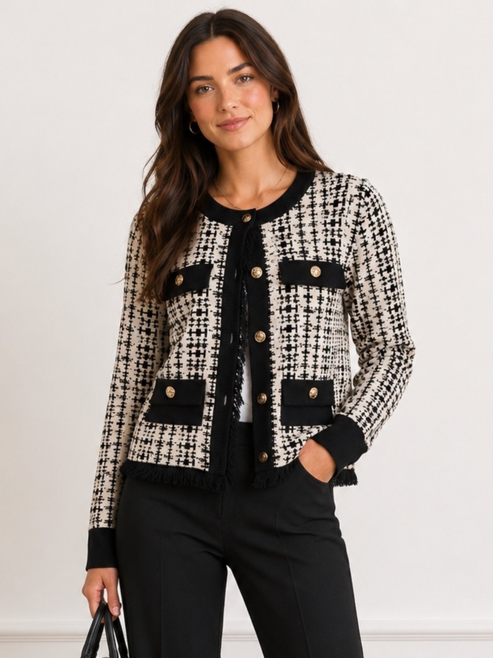 Cyrus Women’s Tweed Knit Cardigan Jacket Black Cream Gold Buttons Fringe Size S